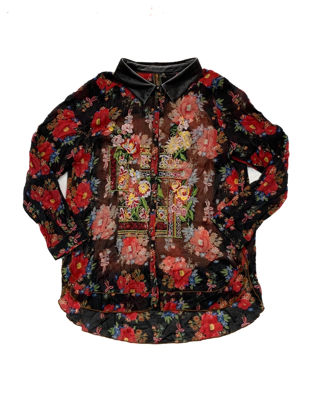 Aratta Silent Journey Women XL Tunic Blouse Embroidered Floral Semi Sheer Boho